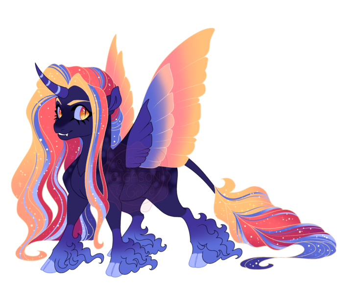 Size: 4300x3600 | Tagged: safe, artist:gigason, derpibooru import, oc, oc:sundown palette, alicorn, pony, cloven hooves, colored wings, female, image, magical lesbian spawn, mare, multicolored wings, offspring, parent:luster dawn, parent:nightmare moon, png, simple background, solo, transparent background, unshorn fetlocks, wings