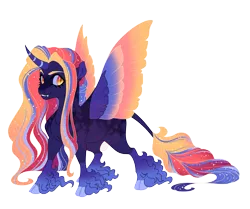 Size: 4300x3600 | Tagged: safe, artist:gigason, derpibooru import, oc, oc:sundown palette, alicorn, pony, cloven hooves, colored wings, female, image, magical lesbian spawn, mare, multicolored wings, offspring, parent:luster dawn, parent:nightmare moon, png, simple background, solo, transparent background, unshorn fetlocks, wings