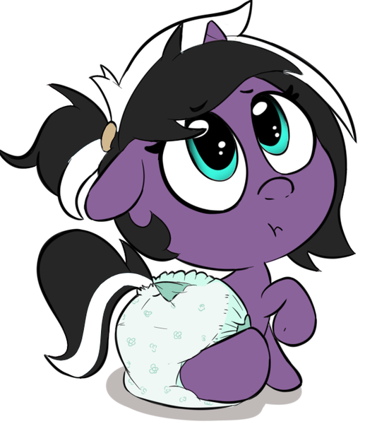 Size: 600x696 | Tagged: safe, alternate version, artist:lazynore, derpibooru import, oc, oc:charming dazz, unofficial characters only, pony, skunk, unicorn, age regression, clock, diaper, eyebrows, eyebrows visible through hair, female, female oc, filly, filly oc, floppy ears, foal, horn, image, looking at you, looking up, looking up at you, png, sitting, two toned mane, unicorn oc, younger