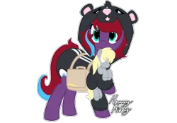 Size: 2360x1640 | Tagged: safe, artist:mommymidday, derpibooru import, derpy hooves, oc, oc:charming dazz, unofficial characters only, pony, unicorn, g4, bag, clothes, costume, diaper, diaper fetish, diaper under clothes, female, fetish, hoof hold, horn, image, kigurumi, looking at you, mare, mare oc, non-baby in diaper, onesie, outline, plushie, png, saddle bag, signature, simple background, tail, transparent background, two toned mane, two toned tail, unicorn oc, white outline