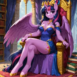 Size: 1248x1248 | Tagged: safe, ai content, derpibooru import, machine learning generated, prompter:ramaca, twilight sparkle, twilight sparkle (alicorn), alicorn, anthro, pony, g4, book, castle, clothes, crown, dress, female, golden throne, hooves, image, jewelry, jpeg, legs together, library, regalia, smiling, solo, solo female, throne, throne room, wings