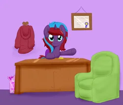 Size: 3500x3000 | Tagged: safe, artist:ricktin, derpibooru import, oc, oc:charming dazz, unofficial characters only, pony, unicorn, armchair, bag, certificate, chair, clock, clothes, diaper, diaper bag, female, female oc, horn, image, implied mental regression, indoors, looking at you, mare, mare oc, office, png, pocket watch, shirt, sitting, table, two toned mane, unicorn oc, waving