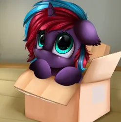 Size: 298x300 | Tagged: safe, artist:pridark, derpibooru import, oc, oc:charming dazz, unofficial characters only, pony, unicorn, big eyes, box, cute, female, filly, filly oc, floppy ears, foal, horn, image, indoors, looking at you, looking up, png, pony in a box, solo, two toned mane, unicorn oc