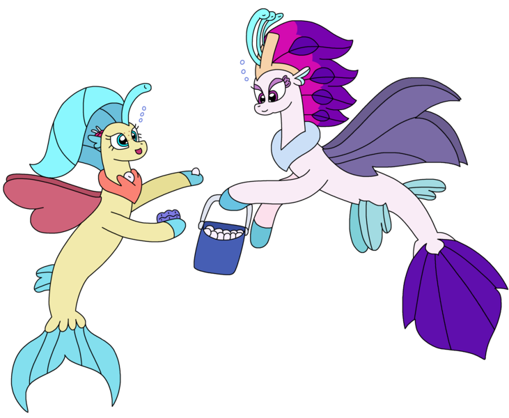 Size: 2641x2168 | Tagged: safe, artist:supahdonarudo, derpibooru import, princess skystar, queen novo, seapony (g4), g4, my little pony: the movie, bubble, bucket, clam, female, holding, image, mother and child, mother and daughter, pearl, png, simple background, transparent background