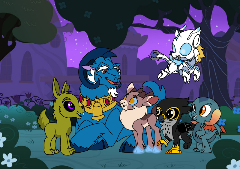 Size: 1414x1000 | Tagged: safe, artist:melspyrose, artist:zetikoopa, derpibooru import, dragon lord torch, grogar, prince blueblood, oc, oc:khalfani, deer, dragon, gryphon, rabbit, reindeer, sheep, them's fightin' herds, g4, animal, community related, image, male, monster prince blueblood, png, ram, springtrap, stronghoof hoofstrong (tfh), younger