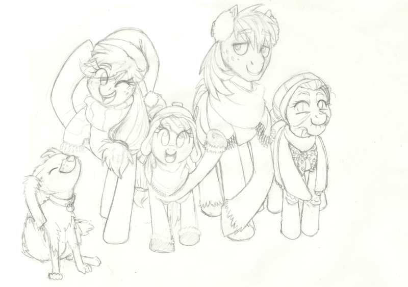 Size: 6000x4225 | Tagged: safe, artist:prismspark, derpibooru import, apple bloom, applejack, big macintosh, granny smith, winona, dog, earth pony, pony, g4, absurd resolution, apple family, black and white, clothes, eye clipping through hair, eyebrows, eyebrows visible through hair, eyes closed, female, filly, foal, grayscale, group, hat, headphones, image, looking at you, male, mare, monochrome, one eye closed, open mouth, png, raised hoof, scarf, simple background, smiling, smiling at you, stallion, unshorn fetlocks, waving, white background, winter hat, winter outfit