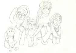 Size: 6000x4225 | Tagged: safe, artist:prismspark, derpibooru import, apple bloom, applejack, big macintosh, granny smith, winona, dog, earth pony, pony, g4, absurd resolution, apple family, black and white, clothes, eye clipping through hair, eyebrows, eyebrows visible through hair, eyes closed, female, filly, foal, grayscale, group, hat, headphones, image, looking at you, male, mare, monochrome, one eye closed, open mouth, png, raised hoof, scarf, simple background, smiling, smiling at you, stallion, unshorn fetlocks, waving, white background, winter hat, winter outfit