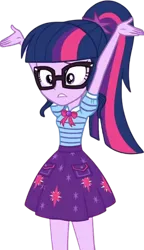 Size: 750x1305 | Tagged: safe, derpibooru import, edit, edited screencap, editor:mrtoonlover83, screencap, sci-twi, twilight sparkle, human, equestria girls, g4, arms in the air, background removed, clothes, female, glasses, image, not a vector, png, shirt, skirt