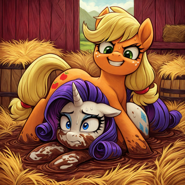 Size: 1536x1536 | Tagged: safe, ai content, derpibooru import, generator:stable noobai, machine learning generated, stable diffusion, applejack, rarity, earth pony, pony, unicorn, g4, asserting dominance, barn, dirty, duo, duo female, evil grin, eyebrows down, female, frown, grin, hatless, hay, horn, image, looking at someone, looking down, lying down, mare, missing accessory, mud, mud wrestling, muddy, muddy hooves, png, prompter:tyto4tme4l, prone, smiling, sports, sweat, sweatdrops, teeth, wood, wrestling