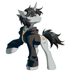 Size: 1432x1461 | Tagged: safe, artist:alus, derpibooru import, oc, oc:santander, unofficial characters only, pony, unicorn, blue eyes, clothes, commission, gray coat, gray mane, hoodie, horn, image, looking back, png, raised hoof, sierra nevada, simple background, solo, white background