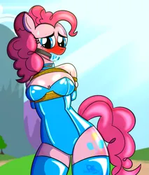 Size: 1773x2078 | Tagged: suggestive, artist:josh_rocket, pinkie pie, anthro, earth pony, ballgag, blushing, blushing profusely, bondage, breasts, clothes, exhibitionism, female, gag, image, latex, latex socks, latex suit, leotard, png, rope, rope bondage, signature, socks, solo, sweat, thigh highs