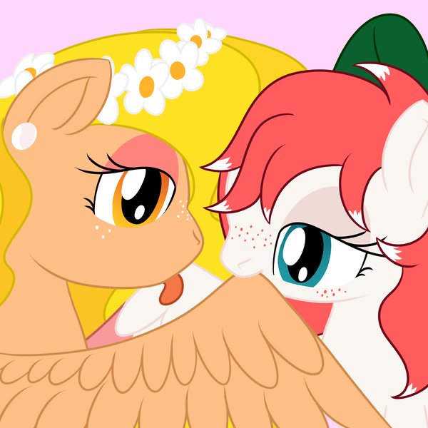 Size: 2000x2000 | Tagged: safe, artist:mariculture, ponerpics import, oc, oc:peppermint preen, oc:premarital preening, unofficial characters only, pegasus, pony, bow, colored wings, duo, duo female, ear piercing, earring, female, floral head wreath, flower, freckles, grooming, hair bow, image, jewelry, licking, mare, multicolored wings, piercing, pink background, png, preening, simple background, spread wings, tongue out, wings