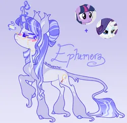 Size: 2060x2000 | Tagged: safe, artist:bishopony, derpibooru import, rarity, twilight sparkle, oc, oc:ephemera, pony, unicorn, g4, coat markings, ear tufts, female, fusion:rarity, fusion:twilight sparkle, glasses, glasses chain, glow, glowing horn, gradient background, hair bun, high res, hoof fluff, horn, image, long feather, mare, name, narrowed eyes, nose in the air, png, raised hoof, signature, solo, tail, tail fluff