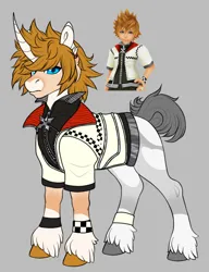 Size: 1280x1671 | Tagged: safe, artist:malinraf1615, derpibooru import, ponified, pony, unicorn, clothes, gray background, horn, image, kingdom hearts, male, png, roxas, simple background, solo, stallion