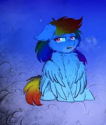 Size: 2330x2741 | Tagged: safe, artist:jehr, derpibooru import, rainbow dash, fluffy pony, pegasus, pony, chest fluff, cloud, cold, ear fluff, eyelashes, female, floppy ears, fluffy, gradient background, image, looking at you, mare, night, night sky, on a cloud, open mouth, pink eyes, png, sitting, sitting on cloud, sky, solo, solo female, sparkles, stars, teeth, wings, winter