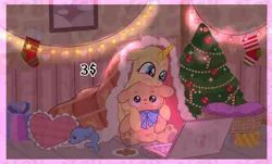 Size: 3340x2020 | Tagged: safe, derpibooru import, pony, christmas, christmas lights, christmas stocking, christmas tree, comfy, commission, computer, cookie, food, holiday, image, laptop computer, pillow, plushie, png, present, sitting, smiling, solo, tree, your character here