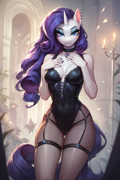 Size: 896x1344 | Tagged: suggestive, ai content, derpibooru import, machine learning generated, prompter:saberclaw1x, stable diffusion, rarity, anthro, unicorn, g4, absolute cleavage, arch, belly, belly button, big breasts, breasts, busty rarity, candle, choker, cleavage, clothes, corset, female, garter straps, garters, horn, image, jewelry, leotard, looking at you, pendant, png, smiling, smiling at you, socks, solo, solo female, stockings, thigh gap, thigh highs, thong leotard, wide hips