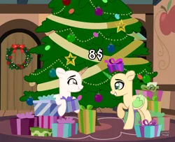 Size: 2500x2028 | Tagged: safe, derpibooru import, pony, christmas, christmas lights, christmas tree, commission, holiday, image, laughing, png, present, smiling, stars, tree, wreath, your character here