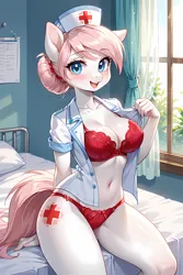 Size: 3072x4608 | Tagged: source needed, suggestive, ai content, derpibooru import, machine learning generated, prompter:the emissary, nurse redheart, anthro, earth pony, g4, bed, blushing, breasts, clothes, hat, hospital room, image, nurse hat, nurse outfit, panties, png, thong, underwear, window