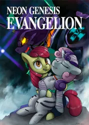 Size: 1818x2548 | Tagged: safe, artist:themimicartist, derpibooru import, apple bloom, sweetie belle, earth pony, pony, robot, unicorn, g4, anime, bandage, eva-01, eyes closed, full body, holding, horn, image, jpeg, neon genesis evangelion, open mouth, parody, plugsuit, signature, text, unconscious