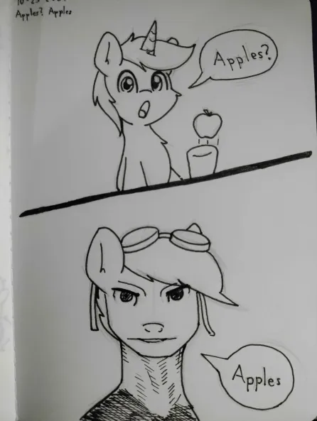 Size: 446x593 | Tagged: safe, artist:taurson, derpibooru import, oc, oc:coffee, unofficial characters only, earth pony, pony, unicorn, apple, black and white, bust, dialogue, duo, food, goggles, goggles on head, grayscale, hoof hold, horn, image, male, monochrome, oc-tober, pen drawing, png, speech bubble, stallion, talking to viewer, traditional art