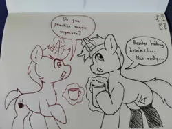 Size: 791x593 | Tagged: safe, artist:taurson, derpibooru import, oc, oc:coffee, unofficial characters only, pony, unicorn, coffee mug, dialogue, duo, horn, image, levitation, magic, mug, oc-tober, pen drawing, png, speech bubble, telekinesis, traditional art