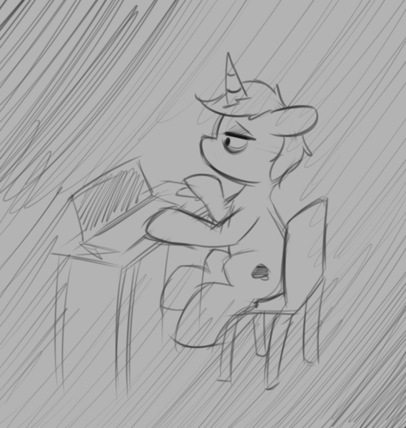 Size: 859x906 | Tagged: safe, artist:taurson, derpibooru import, oc, oc:coffee, unofficial characters only, pony, unicorn, bags under eyes, chair, computer, desk, floppy ears, grayscale, horn, image, laptop computer, lidded eyes, male, monochrome, pencil drawing, png, sitting, solo, stallion, traditional art