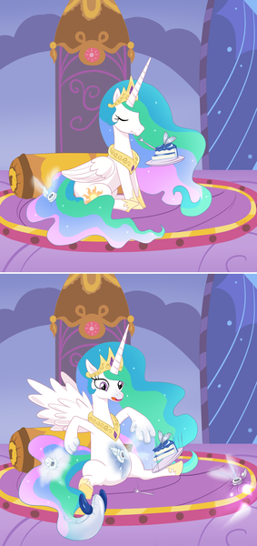 Size: 1800x3810 | Tagged: safe, artist:nieyx, derpibooru import, princess celestia, alicorn, lugia, pony, g4, 2 panel comic, air nozzle, cake, celestia's bedroom, comic, commission, commissioner:ltcolonelwhipper, crown, dropping, eating, eyes closed, female, female to male, food, fork, high res, hoof shoes, image, inflatable, inflatable scenery, inflation valve, jewelry, legendary pokémon, living inflatable, mare, open mouth, peytral, pillow, plate, png, pokémon, pony to pokémon, pool toy, princess shoes, reality shift, regalia, rubber, rule 63, sitting, solo, spread wings, surprised, transformation, transformation sequence, transgender transformation, wings