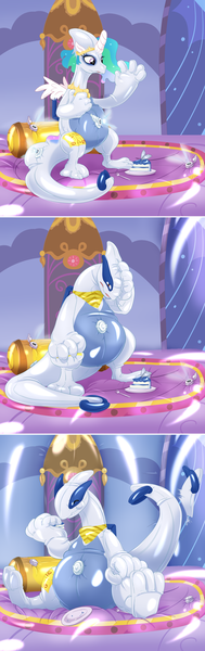 Size: 1800x5720 | Tagged: safe, artist:nieyx, derpibooru import, princess celestia, alicorn, lugia, pony, g4, 3 panel comic, air nozzle, cake, celestia's bedroom, comic, commission, commissioner:ltcolonelwhipper, crown, eating, female to male, food, fork, hand on head, happy, high res, image, inflatable, inflatable scenery, inflation valve, jewelry, legendary pokémon, living inflatable, looking at self, male, neckerchief, open mouth, peytral, pillow, plate, png, pokémon, pony to pokémon, pool toy, reality shift, regalia, rubber, rule 63, sitting, solo, standing, surprised, transformation, transformation sequence, transforming accessories, transgender transformation