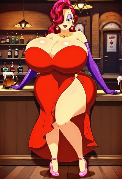 Size: 832x1216 | Tagged: suggestive, machine learning generated, prompter:tiamatnightmare, cherry jubilee, human, equestria girls, big breasts, breasts, busty cherry jubilee, huge breasts, humanized, image, impossibly large breasts, jessica rabbit, jpeg, red dress