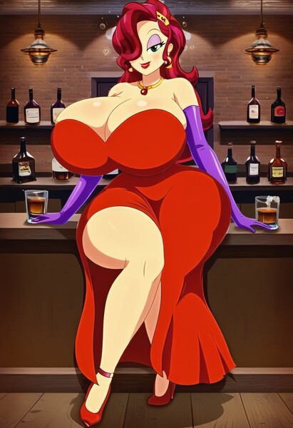 Size: 832x1216 | Tagged: suggestive, machine learning generated, prompter:tiamatnightmare, cherry jubilee, human, equestria girls, big breasts, breasts, busty cherry jubilee, huge breasts, humanized, image, impossibly large breasts, jessica rabbit, jpeg, red dress