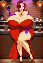 Size: 832x1216 | Tagged: suggestive, machine learning generated, prompter:tiamatnightmare, cherry jubilee, human, equestria girls, big breasts, breasts, busty cherry jubilee, huge breasts, humanized, image, impossibly large breasts, jessica rabbit, jpeg, red dress