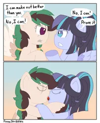 Size: 2894x3563 | Tagged: suggestive, artist:fionnaskribbles, derpibooru import, oc, oc:indigo night, oc:wild spearmint, pegasus, angry, competition, dialogue, female, french kiss, image, kissing, lesbian, making out, png