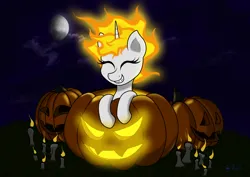 Size: 2400x1700 | Tagged: safe, artist:anix_space, derpibooru import, daybreaker, alicorn, pony, g4, candle, female, filly, foal, halloween, halloween 2024, holiday, image, mane on fire, mlp fim's fourteenth anniversary, moon, night, png, pumpkin, smiling, solo