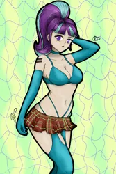 Size: 1001x1500 | Tagged: suggestive, derpibooru import, starlight glimmer, human, unicorn, equestria girls, g4, beautiful, clothes, cutie mark, digital art, digital painting, fanart, female, garter belt, gloves, green background, horn, humanized, image, jpeg, lingerie, long gloves, long hair, purple eyes, purple hair, sexy, simple background, skirt, skirt lift, socks, solo, tattoo, thigh highs, yellow background