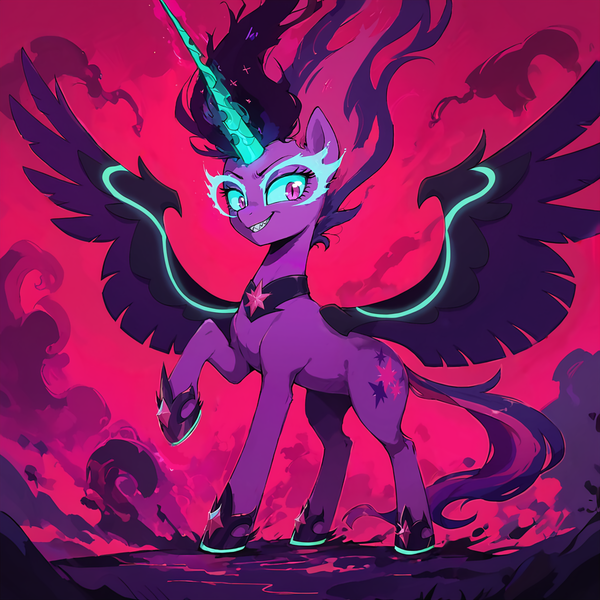 Size: 1024x1024 | Tagged: safe, ai content, derpibooru import, machine learning generated, prompter:gullveigai, stable diffusion, sci-twi, twilight sparkle, ponified, alicorn, pony, equestria girls, g4, equestria girls ponified, image, midnight sparkle, png, spread wings, wings