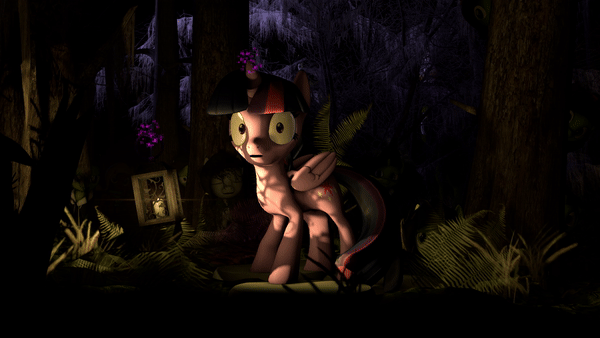 Size: 600x338 | Tagged: safe, artist:omegacannon animations, derpibooru import, twilight sparkle, twilight sparkle (alicorn), oc, oc:anonfilly, alicorn, pegasus, pony, unicorn, 3d, 3d model, animated, bush, candle, dark, error, female, filly, forest, gif, glitch, grass, halloween, hiding, hiding in bushes, holiday, horn, horror, image, lantern, light, lightning, looking at you, loop, nature, night, red eyes, scared, source filmmaker resource, tree, wings