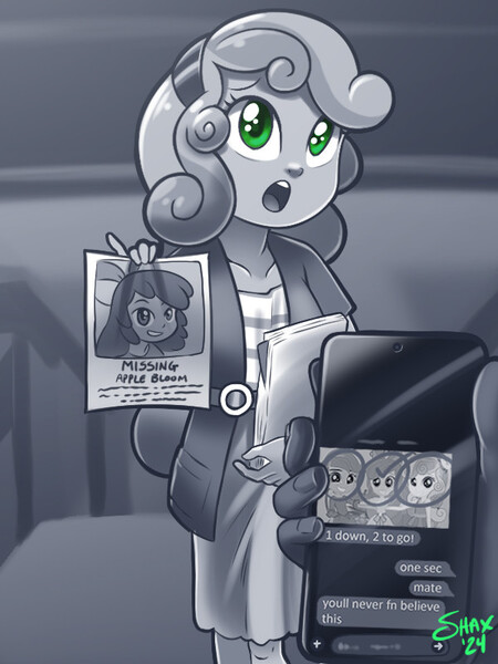 Size: 600x800 | Tagged: grimdark, artist:shaxbert, derpibooru import, apple bloom, scootaloo, sweetie belle, equestria girls, g4, image, implied kidnapping, jpeg, kinktober 2024, missing poster, monochrome, neo noir, partial color, phone, text