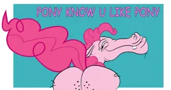 Size: 733x383 | Tagged: suggestive, artist:cheesepuffs, pinkie pie, earth pony, pony, bucktooth, butt, butt freckles, female, freckles, hair, hoers, image, mane, mare, plot, png, raised tail, rear view, solo, squint, tail, text