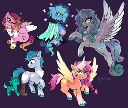 Size: 2864x2430 | Tagged: safe, artist:emera33, derpibooru import, hitch trailblazer, pipp petals, princess flurry heart, sparky sparkeroni, sunny starscout, alicorn, butterfly, dog, earth pony, insect, pegasus, pony, unicorn, g5, my little pony: a new generation, :3, alternate design, alternate universe, amputee, behaving like a dog, cape, chest fluff, chest marking, clothes, coat markings, dogified, ear scratch, evil flurry heart, floppy ears, frown, gradient mane, gritted teeth, heart, heart mark, high res, horn, image, missing limb, misty brightdawn, older, older flurry heart, one eye closed, png, prosthetic leg, prosthetic limb, prosthetics, purple background, race swap, signature, simple background, species swap, standing on two hooves, sunnycorn, teeth, unshorn fetlocks