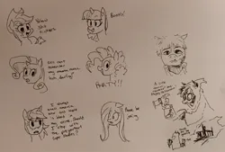 Size: 2048x1382 | Tagged: safe, artist:pony quarantine, derpibooru import, applejack, fluttershy, pinkie pie, rainbow dash, rarity, twilight sparkle, oc, earth pony, pegasus, pony, unicorn, arson, cloak, clothes, dialogue, drawn from memory, female, grayscale, halloween, holiday, horn, image, jpeg, mane six, mare, monochrome, pen drawing, toothbrush, toothpaste, traditional art, trick or treat, vulgar