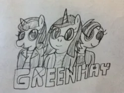 Size: 960x720 | Tagged: safe, artist:lunashy21, derpibooru import, babs seed, princess flurry heart, oc, oc:nyx, ponified, alicorn, anthro, earth pony, pony, g4, adolescent, billie joe armstrong, clothes, female, green day, green hay, horn, image, jpeg, mike dirnt, monochrome, shirt, simple background, text, traditional art, trio, trio female, tré cool, white background