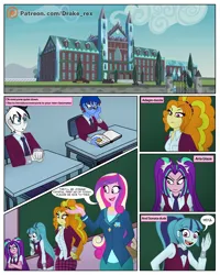 Size: 1600x2000 | Tagged: safe, artist:drake-rex, derpibooru import, adagio dazzle, aria blaze, sonata dusk, oc, oc:malicore, equestria girls, g4, clothes, comic, commission, crystal prep academy, crystal prep academy uniform, crystal prep shadowbolts, image, png, school uniform, shadowbolts