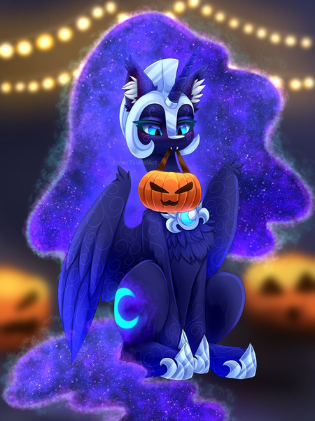 Size: 1536x2048 | Tagged: safe, artist:taiweiart, derpibooru import, nightmare moon, alicorn, pony, g4, belly, blushing, concave belly, fangs, female, halloween, holiday, hoof shoes, image, jack-o-lantern, lights, mare, mouth hold, nightmare night, png, pumpkin, pumpkin bucket, sitting, slender, solo, thin