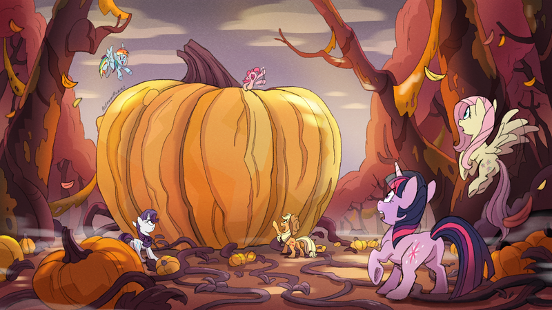 Size: 4096x2304 | Tagged: safe, artist:astrumaura, derpibooru import, applejack, fluttershy, pinkie pie, rainbow dash, rarity, twilight sparkle, earth pony, pegasus, pony, unicorn, g4, applebutt, autumn, butt, clearing, falling leaves, female, flutterbutt, flying, forest, giant food, halloween, halloween 2024, high res, holiday, horn, image, leaves, mane six, mare, nature, open mouth, open smile, outdoors, plot, png, pumpkin, rearity, signature, smiling, tree, twibutt, unicorn twilight, waving