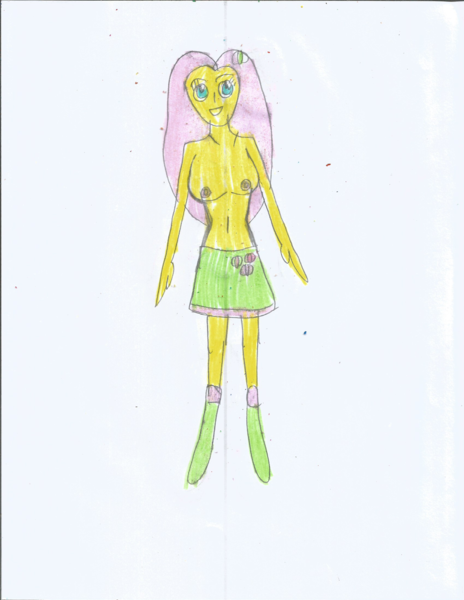 Size: 1700x2200 | Tagged: questionable, artist:justinandrew1984, fluttershy, equestria girls, boots, breasts, clothes, drawing, hair ornament, image, nipples, nudity, partial nudity, png, shoes, skirt, topless