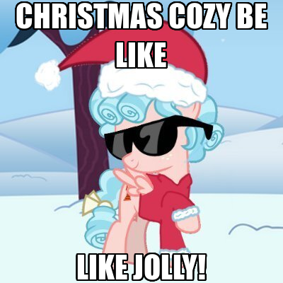 Size: 400x400 | Tagged: artist needed, safe, derpibooru import, edit, vector edit, cozy glow, pegasus, pony, g4, caption, christmas, clothes, costume, female, filly, foal, golly, hat, holiday, image, impact font, meme, png, santa costume, santa hat, sky, snow, solo, sunglasses, swag, text, tree, vector