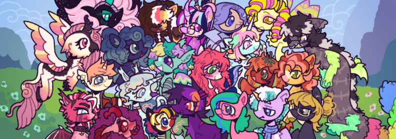 Size: 4000x1407 | Tagged: safe, artist:onionpwder, derpibooru import, oc, oc:ace glimmerfall, oc:chook, oc:delorean, oc:disaster squish, oc:heirloom, oc:honey, oc:interrobang, oc:lemony luxe, oc:midnight dew, oc:murmurs, oc:nebula, oc:paper fiesta, oc:razzberry heartbeat, oc:scruffy, oc:sea dream, oc:sketchy idea, oc:softheart, oc:sunrise, oc:sweet treats, oc:twilight starfall twinkle, oc:twinkle, ponified, unofficial characters only, alicorn, alpaca, bat pony, breezie, bug pony, changeling, changepony, draconequus, earth pony, food pony, gryphon, hybrid, insect, kirin, original species, pegasus, pony, sheep, sheep pony, unicorn, winged kirin, wingless bat pony, alicorn oc, back scar, bald face, bandage, bandaged neck, bangs, bat pony oc, bat wings, beak, beauty mark, big mane, black body, black coat, blaze (coat marking), blue coat, blue eyes, blue pupils, blue wingtips, blushing, body markings, body scar, braid, breezie oc, brown fur, brown hooves, brown pupils, bust, changeling hybrid, changeling oc, cheek fluff, chest fluff, claws, clothes, coat markings, collar, colored claws, colored ears, colored eartips, colored eyebrows, colored eyelashes, colored hooves, colored horns, colored muzzle, colored pinnae, colored sclera, colored wings, colored wingtips, cream coat, curly mane, curved horn, curved horns, dark muzzle, demigirl, draconequus oc, ear fluff, ear markings, ear piercing, ear tufts, earring, earth pony oc, eye clipping through hair, eye markings, eyebrows, eyebrows visible through hair, eyelashes, eyeshadow, facial markings, fangs, feather, female, female oc, floppy ears, flowing mane, fluffy, flying, food, freckles, gauges, gay pride flag, glasses, glasses chain, gradient ears, gradient horn, gradient legs, gradient muzzle, gray eyes, green eyes, green eyeshadow, green hooves, green mane, green pupils, green tail, griffon hybrid, group, hair bun, hair over eyes, hair tie, heart ears, height difference, hooves, horn, horns, image, insect wings, jewelry, kinsona, kirin horn, kirin hybrid, leaf on head, leg markings, leonine tail, lidded eyes, light blue coat, long hair, long horn, long mane, long tail, looking at each other, looking at someone, looking back, makeup, male, mandibles, mane tie, mare oc, mealy mouth (coat marking), mismatched legs, multicolored eyes, multicolored mane, multicolored tail, multicolored wings, multicolored wingtips, neck ribbon, nonbinary, nonbinary oc, nose piercing, nose ring, open mouth, open smile, orange coat, orange eyes, orange eyeshadow, orange mane, outdoors, pegasus oc, piercing, pink body, pink changeling, pink coat, pink eyes, pink hair, pink pupils, pink tail, png, ponysona, ponytail, pride, pride flag, profile, purple coat, purple eyes, purple mane, purple pupils, purple sclera, rainbow eyes, rainbow tail, raised claw, raised hoof, red coat, red eyelashes, red eyes, red pupils, red sclera, red wings, round glasses, scar, scarf, septum piercing, shaggy mane, sidebangs, size difference, slit pupils, small wings, smiling, smiling at each other, snip (coat marking), socks (coat marking), sparkles, sparkly wings, spiked collar, spiky mane, spread wings, star (coat marking), striped horn, striped mane, striped wings, stripes, tail, three toned ears, three toned mane, tied mane, tomato pony, torn ear, trans male, transgender, transgender oc, transgender pride flag, turned head, two toned horn, two toned mane, unicorn oc, vest, wall of tags, white mane, wing claws, wing markings, wing stripes, wingless, wings, yellow coat, yellow eyes, yellow sclera