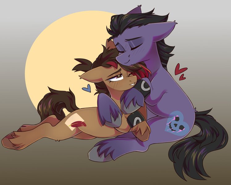 Size: 3426x2748 | Tagged: safe, artist:cheekipone, ponerpics import, oc, unofficial characters only, earth pony, pony, bracelet, cuddling, duo male and female, earth pony oc, eyes closed, female, floppy ears, gradient background, heart, image, jewelry, jpeg, lying down, male, mare, one eye closed, passepartout, sitting, smiling, stallion, unshorn fetlocks, wingding eyes