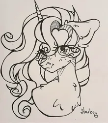 Size: 2752x3124 | Tagged: safe, artist:starkey, derpibooru import, oc, unicorn, bust, chest fluff, ear fluff, embarrassed, horn, image, jpeg, looking at you, portrait, smiling, traditional art, wavy mane